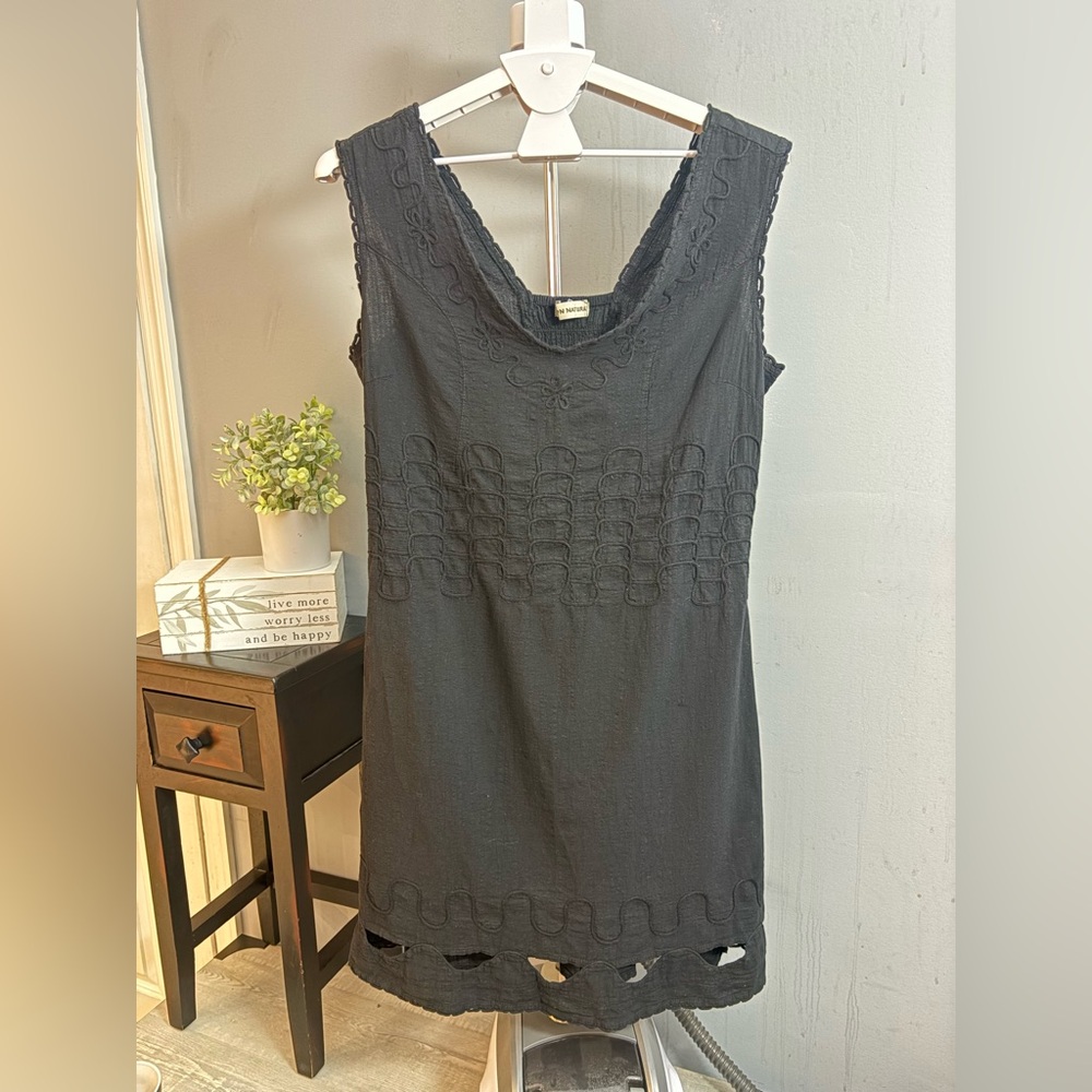 Cotton Natural Elegant Black Sleeveless Dress - szL (P8)